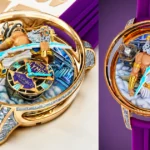 Gold Jacob & Co. Gates of Olympus watch with a muscular mythic figure, blue lightning sword, cloud base, and a purple strap.