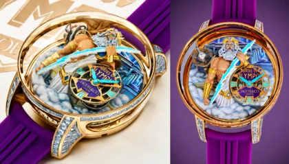 Gold Jacob & Co. Gates of Olympus watch with a muscular mythic figure, blue lightning sword, cloud base, and a purple strap.