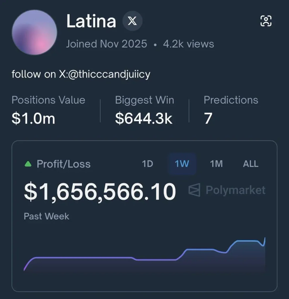 Profile card for Latina showing joined date, follower handle, and key stats: Positions Value  alt=