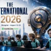 Poster for The International 2026 esports tournament in Shanghai featuring a large ornate trophy and players at a gaming desk by the city skyline