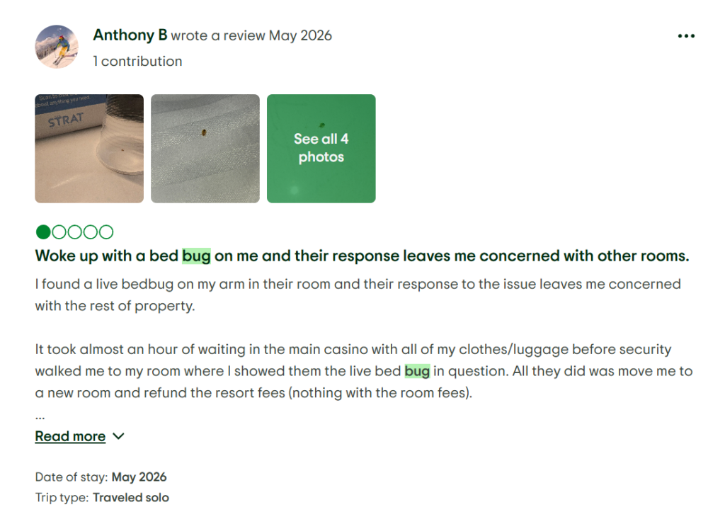 Screen » GP Social post by Anthony B describing a bed bug issue in a hotel, with three photo thumbnails and a 'See all 4 photos' tile.