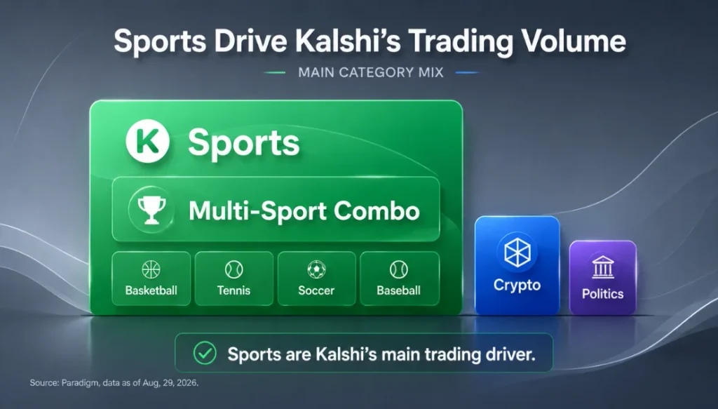 Infographic showing Kalshi's trading volume: sports is the main category with a 'Multi-Sport Combo' panel and sport subcards (Basketball, Tennis, Soccer, Baseball); crypto and politics panels on the side, plus a note that sports drive trading volume.