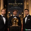 Three men in tuxedos pose around a gold Ballon d'Or trophy on a marble pedestal at the 2026 Ballon d'Or ceremony at the London Palladium.