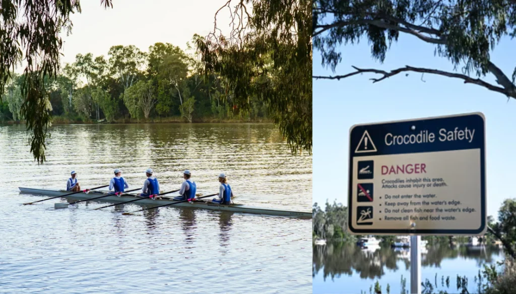Two-panel image: left side shows a six-person rowing team in a boat on a calm river surrounded by trees; right side shows a 'Crocodile Safety' sign with danger warnings posted near the water.