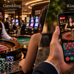 Split image: a roulette table with a dealer at left and a hand holding a smartphone streaming a live roulette game at a casino.
