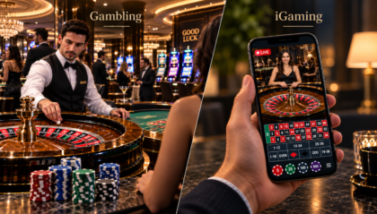 Split image: a roulette table with a dealer at left and a hand holding a smartphone streaming a live roulette game at a casino.