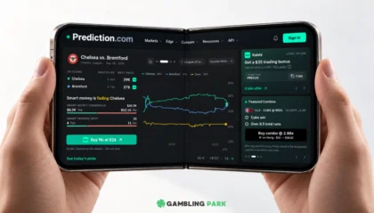 Smartphone screen displaying a dark stock-trading dashboard from Prediction.com with charts and a green Buy button, held by two hands in landscape mode.