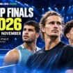 2026 ATP Finals poster featuring Carlos Alcaraz, Alexander Zverev and Ben Shelton, 15–22 November at Inalpi Arena in Turin.
