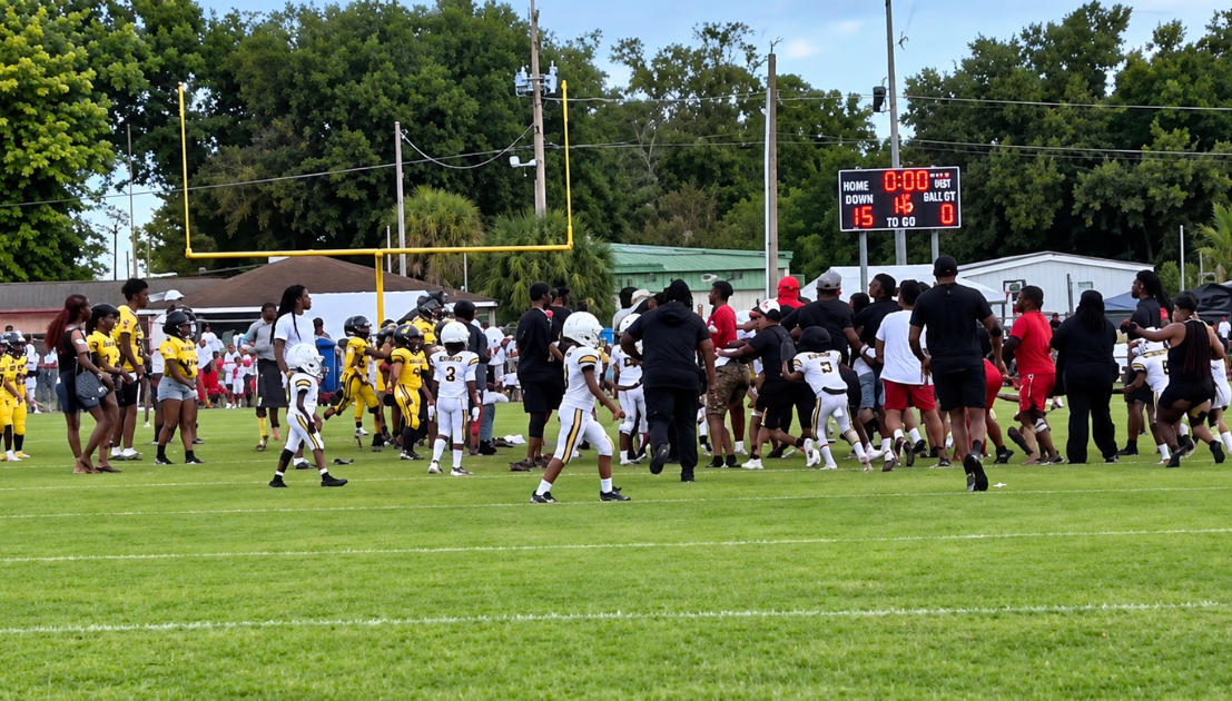 Youth football game on a sunny field; players in yellow and white uniforms gather near the sideline as spectators watch nearby.